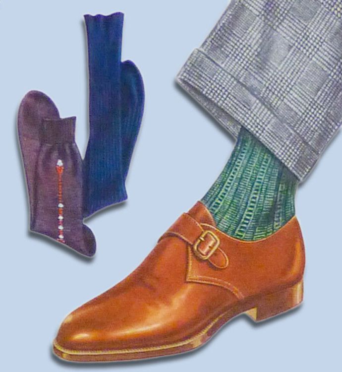 Зеленые носки будут отлично смотреться с коричневыми монками и брюками в рисунок гленчек