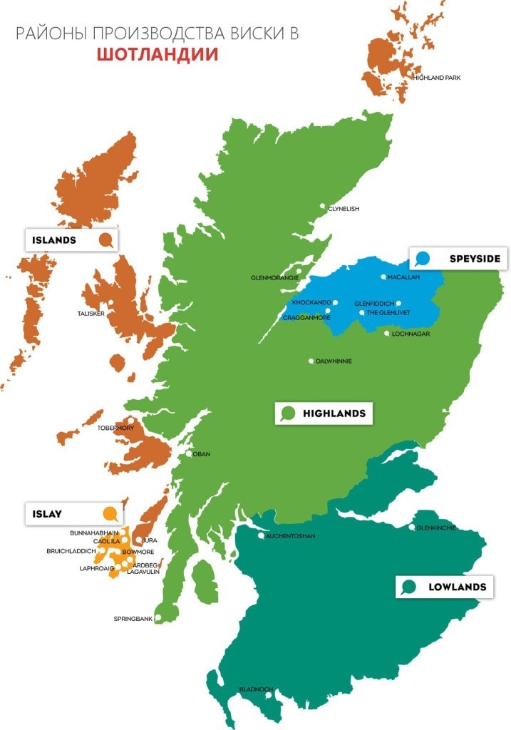 Карта производства виски в Шотландии