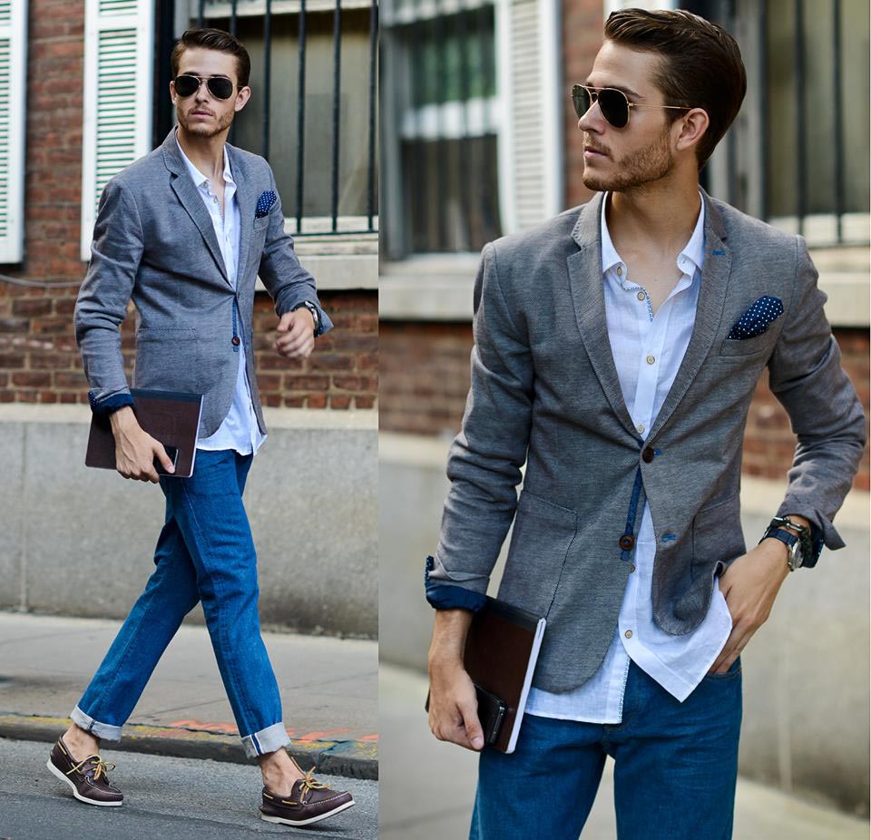 Стильный мужской образ с джинсами и пиджаком