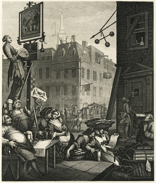 Пивная улица - Beer Street - гравюра художника Уильяма Хогарта - 1751 год